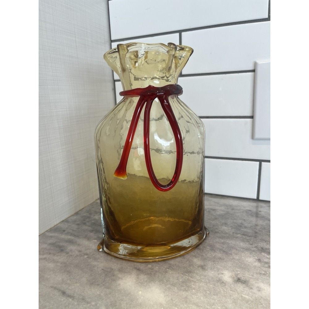 VTG Pilgrim Mustard Sack Bag Flower Vase, Red Ribbon Hand Blown. 10"